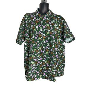 JEFF Mens Half Moon Printed Button Up‎ Floral Short Sleeve Shirt Green Size XXL